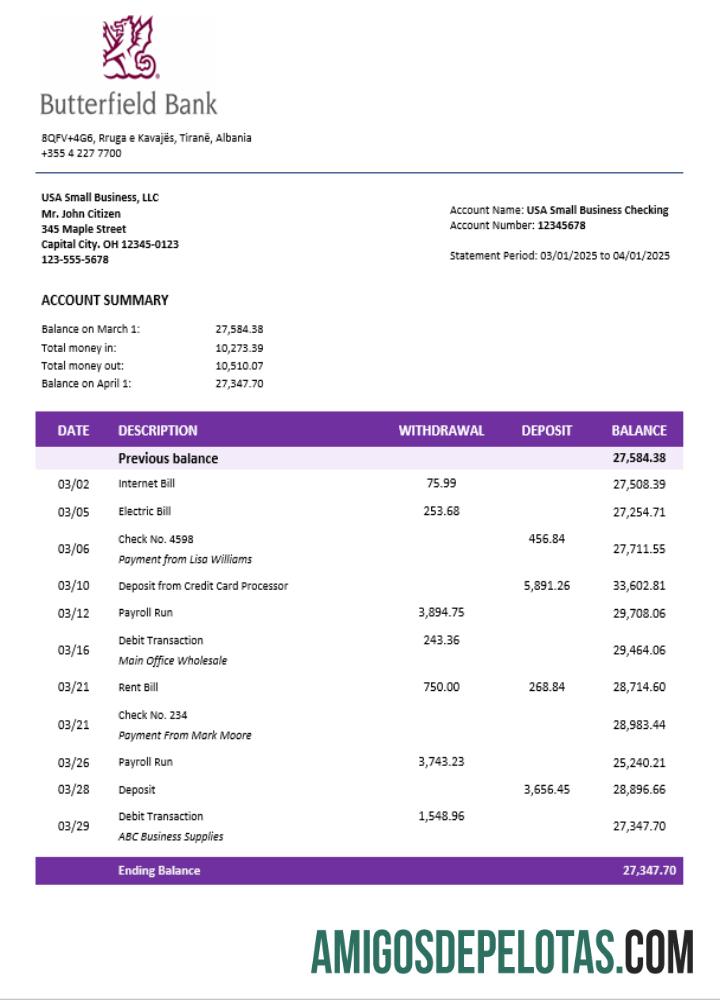 Extrato de conta corrente da organização Butterfield Bank em formato Word e PDF exemplo real
